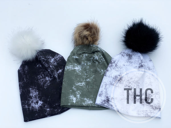 Black Olive or White Acid Wash Beanie