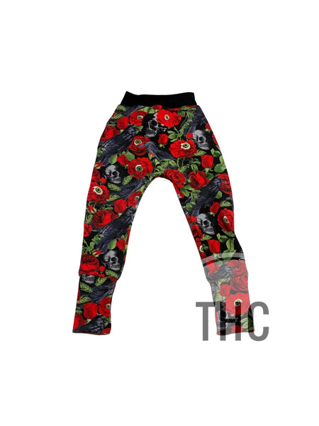 Roses Skulls Raven Eyeball Halloween Harem Joggers- No Pockets